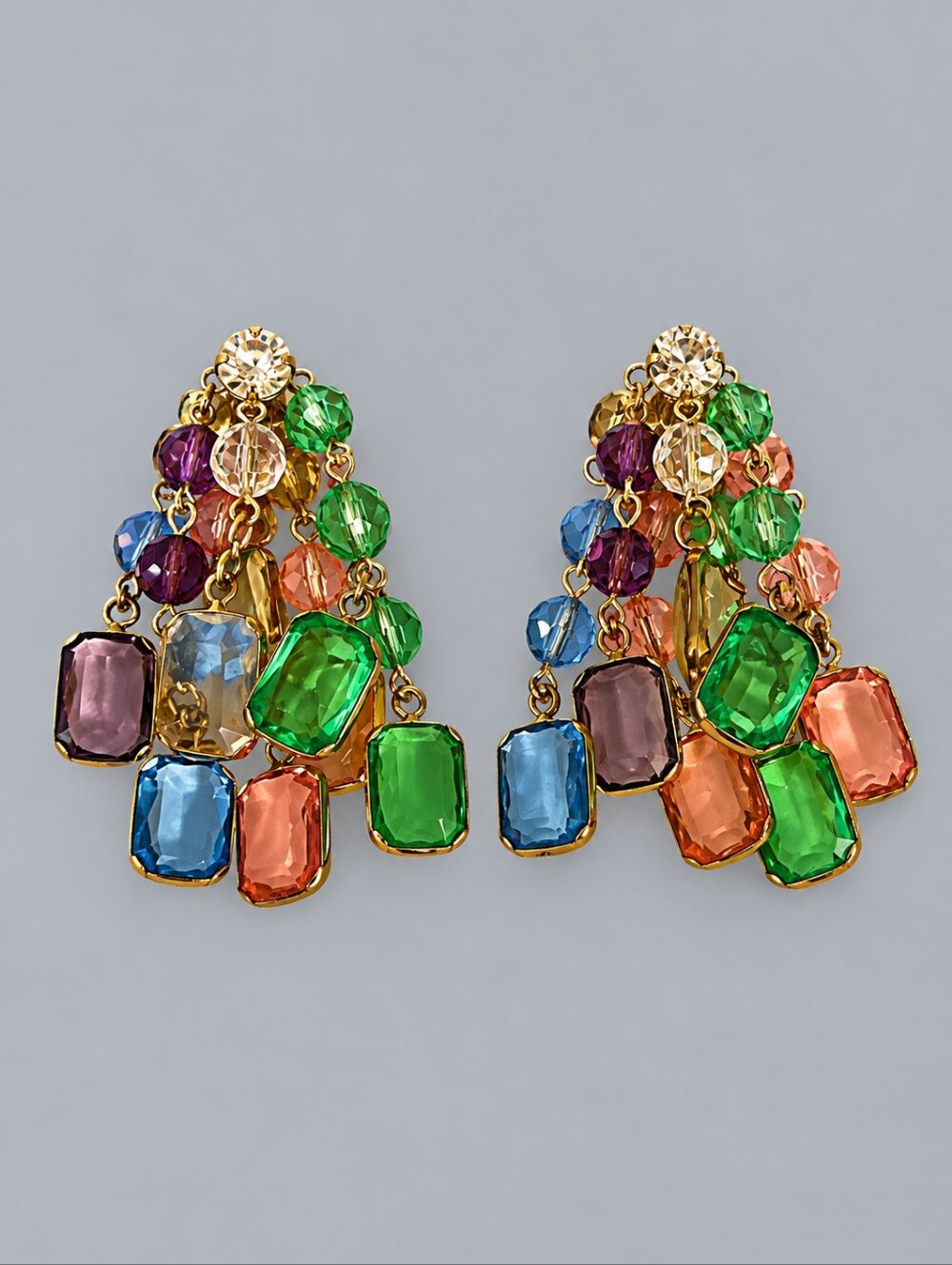 Vintage Multicolor Acrylic Gem Beaded Waterfall Chandelier Drop Post Earrings